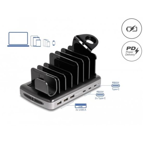 Delock USB nabíjecí stanice s třemi konektory USB Type-C™ PD a třemi USB Typu-A (112 W)