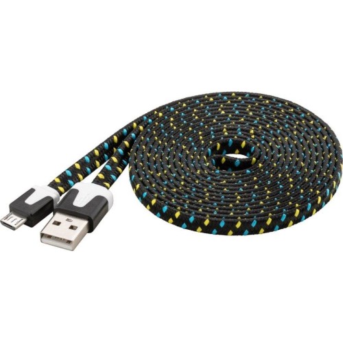 Kábel micro USB 2.0, A-B 2 m, plochý textilní kabel, černo-modro-žlutý