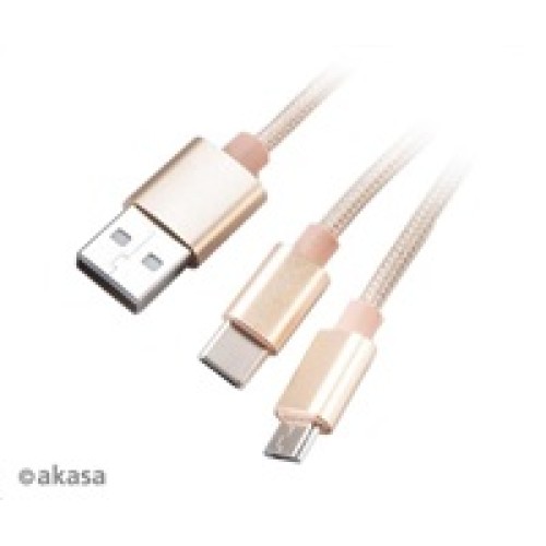 Kábel AKASA 2v1 z USB typu A na Micro-B a USB typu C, 120 cm, zlatý