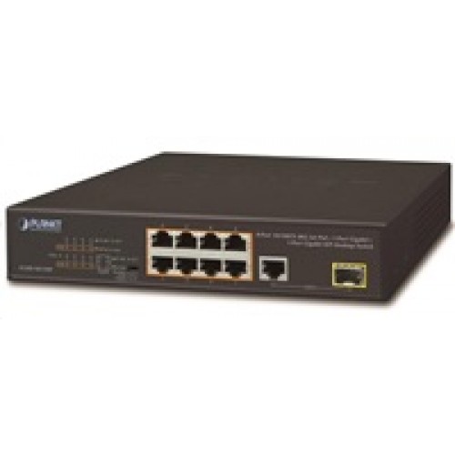 Planet FGSD-1011HP Switch, 8x 10/100 PoE, 1x TP + 1x SFP 1000Base-X, extend mód 10Mb, ESD, 802.3at 120W, fanless