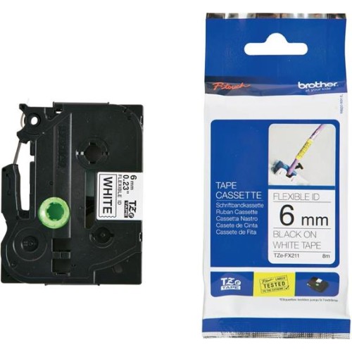 Páska Brother TZE-FX211, 6mm, bílá/černá, s flexibilní páskou, délka 8m