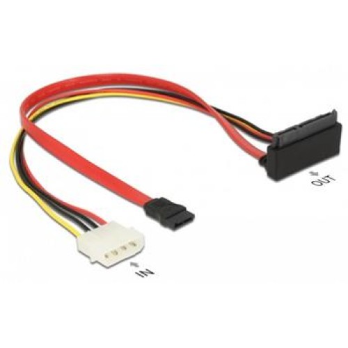 Delock Kabel SATA 6 Gb/s 7 pin samice + Molex 4 pin napájecí konektor > SATA 22 pin samice pravoúhlý nahoru kovový 30 cm