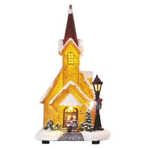LED zasnežený vianočný kostol, 26 cm, 3× AA, vnút., teplá biela