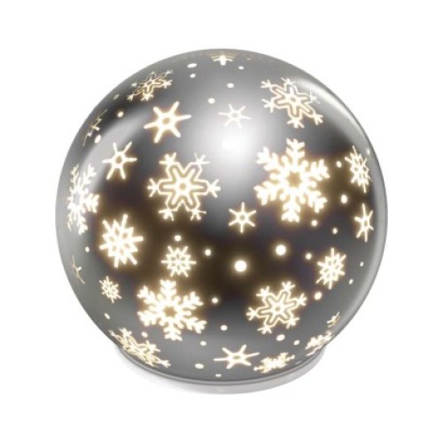 LED vianočná sklenená guľa – vločky, 12 cm, 3x AA, vnútorný, teplá biela, časovač