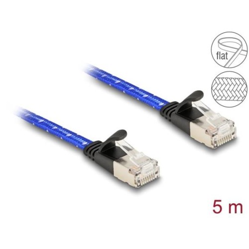 Delock Plochý síťový kabel RJ45, s pleteným opláštěním, Cat.6A, U/FTP, 5 m, modrý