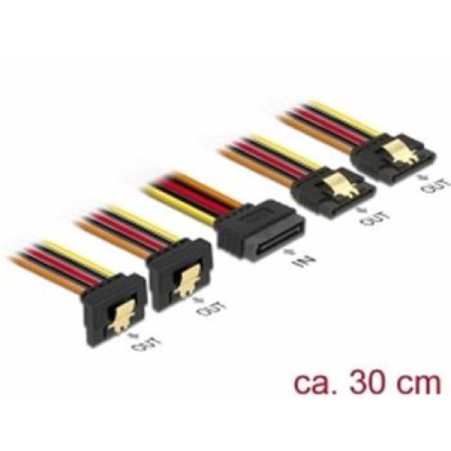 Delock Kabel SATA 15 pin napájecí samec s aretací > SATA 15 pin napájecí samice 2 x přímý / 2 x dolů 30 cm