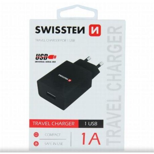 SWISSTEN SÍŤOVÝ ADAPTÉR SMART IC 1x USB 1A POWER ČERNÝ