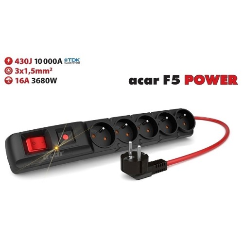 Acar F5 3m kabel, 5 zásuvek, přepěťová ochrana, max.proud 16A, černý