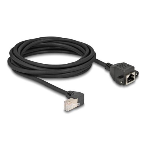 Delock Síťový prodlužovací kabel ze zástrčky S/FTP RJ45, pravoúhlý (90°), na integrovanou zásuvku RJ45, Cat.6A, 5 m, černý
