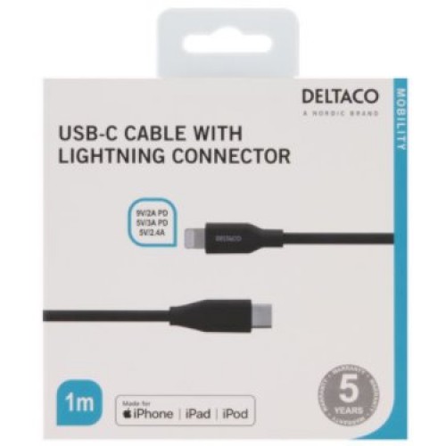 kábel DELTACO prepojovací USB Typ C / Apple Lightning (1m) čierny