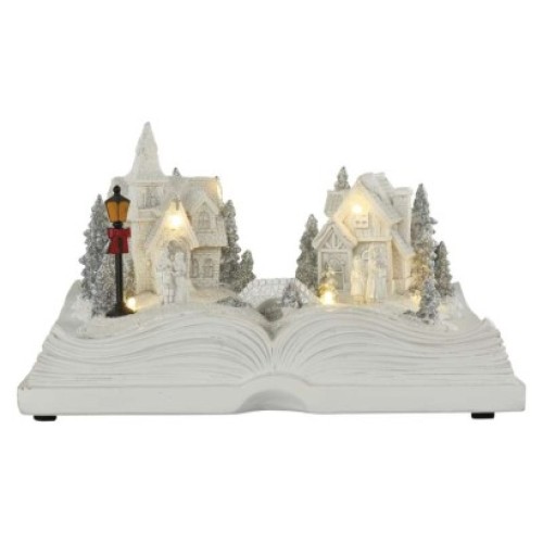LED vianočná dedinka – kniha, 12,5 cm, 3× AA, vnút., teplá biela