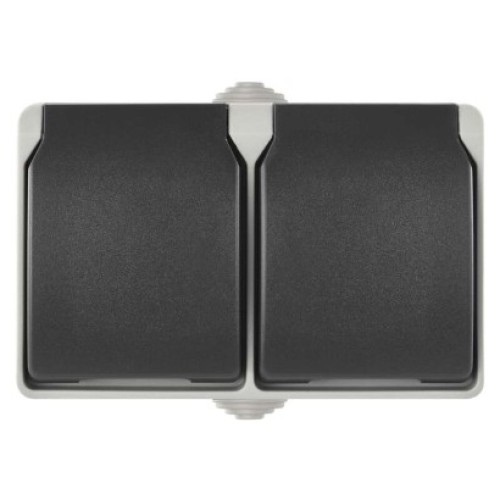 Zásuvka nástenná dvojitá, šedo-čierna, IP44