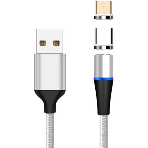 Kábel Magnetický micro USB a USB-C nabíjací a dátový, 1m, strieborný