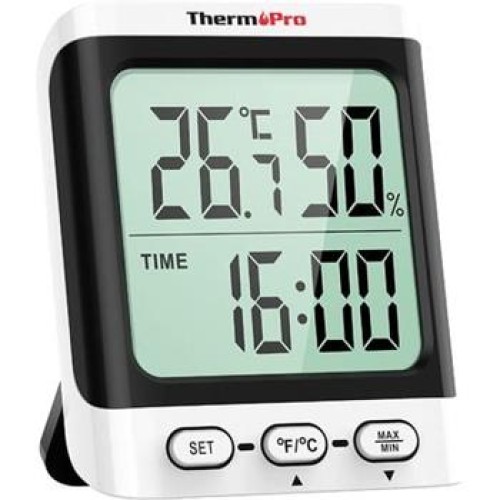 izbový teplomer a vlhkomer ThermoPro TP152 s hodinami a veľkým 3,3" LCD displejom