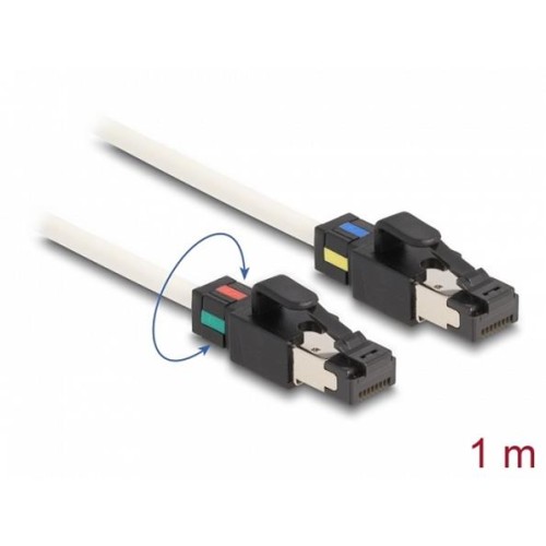 Delock Síťový kabel ze zástrčky RJ45 na zástrčku Cat.6A, S/FTP, s otočnými barevnými příchytkami, 1 m, bílá