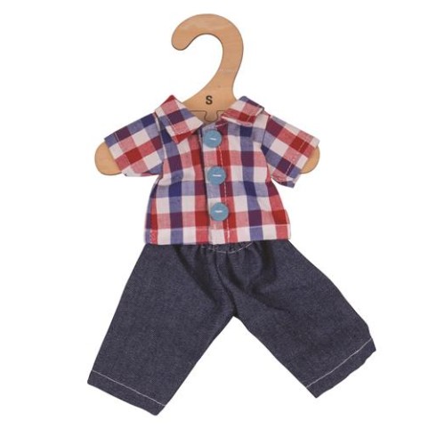 Hračka Bigjigs Toys Kockovaná košeľa a rifle pre bábiku 28 cm