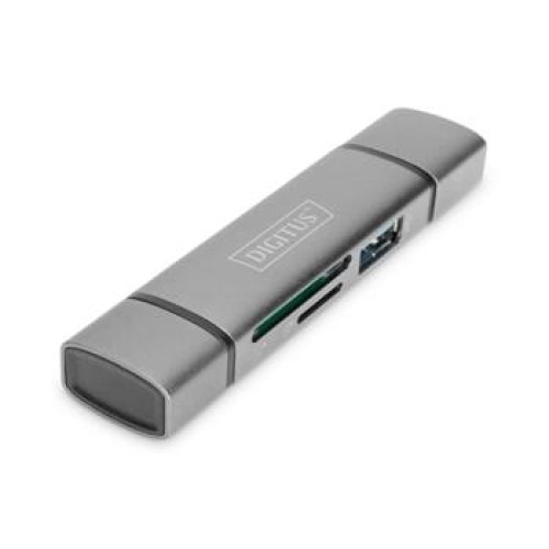 Digitus dvojitá čtečka karet OTG (USB-C + USB 3.0) 1x SD, 1x MicroSD, 1x USB 3.0, šedá