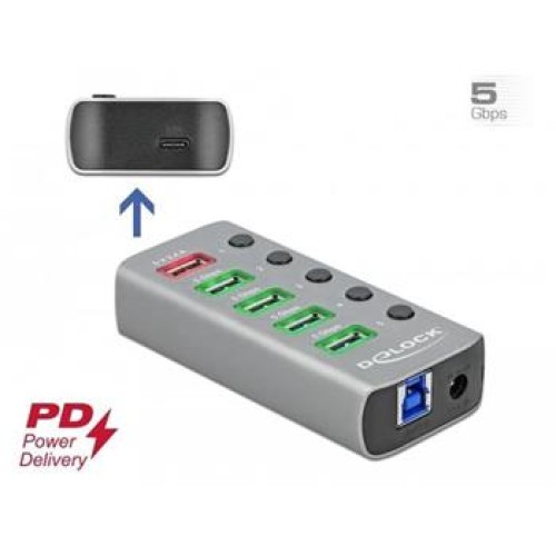 Delock Rozbočovač USB 3.2 Gen 1 se 4 porty + 1 rychlonabíjecím portem + 1 portem USB-C™ PD 3.0 s přepínačem a osvětlením