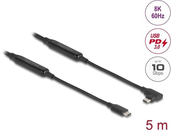 Delock Aktivní kabel USB 10 Gbps, ze zástrčkového rozhraní USB Type-C™ na zástrčkové, pravoúhlý, levý / pravý, 5 m, 8K, 