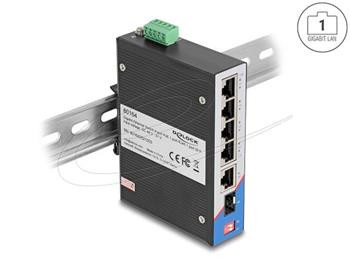 Delock Průmyslový Gigabit Ethernet Switch s 4 porty PoE a 1 port RJ45 a 1 port SFP, na DIN lištu