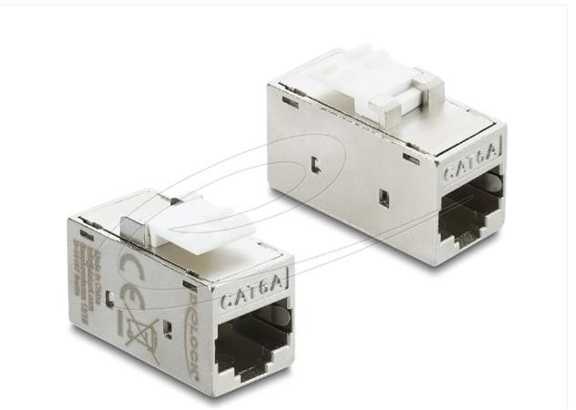 Delock Keystone modul spojka, ze zásuvky RJ45 na zásuvku RJ45 Cat.6A, kovová, stříbrná / bílá