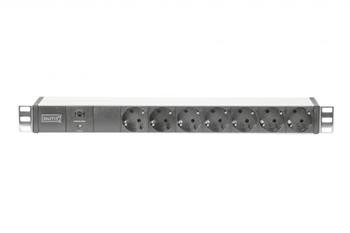 DIGITUS Professional Aluminium outlet strip with removable overvoltage protection and line filter, 7 safety outlets, 2 m supply sa