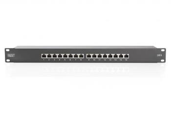 DIGITUS CAT 6, patch panel třídy E, stíněný, 16 portů RJ45, 8P8C, LSA, 1U, montáž do stojanu, černá, 482x44x109