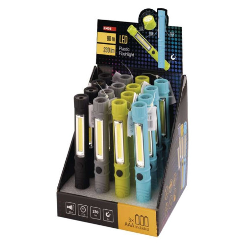 COB LED + LED ručné svietidlo P3897, 230 lm, 3× AAA, 16 ks, display box