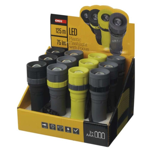LED ručné svietidlo P4703, 75 lm, 3× AAA, fokus, 12 ks, display box