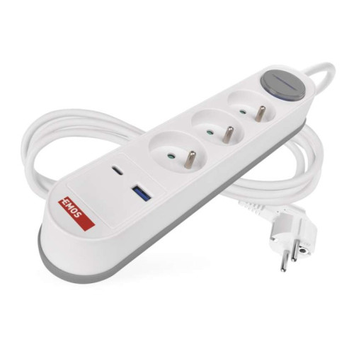 Predlžovací kábel 2 m / 3 zásuvky / s vypínačom / biely / 1×USB-A + 1×USB-C / 1,5 mm2