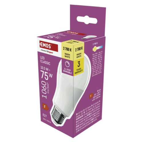 LED žiarovka Classic A60/ E27 / 10,5 W (75 W) / 1 060 lm / teplá b./krokovo stmievateľné