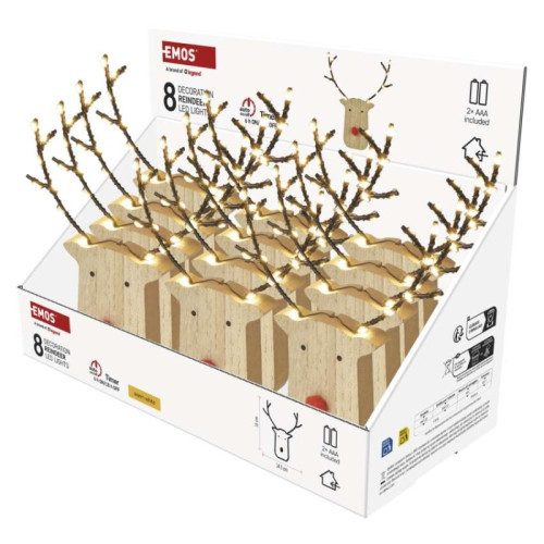 LED dekorácia drevená – sobík, 16 cm, 2x AAA, vnútorné, teplá biela, časovač, 12 ks, displ