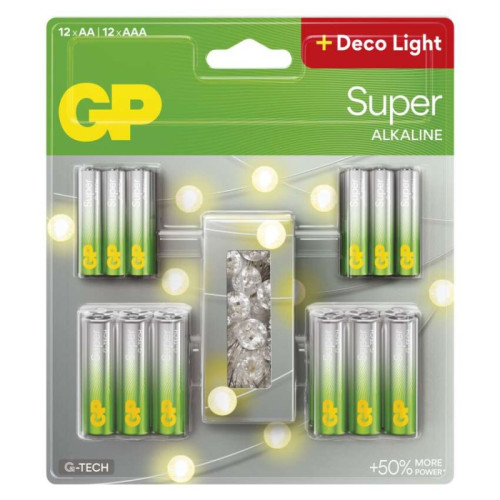 GP alkalická batéria SUPER AA 12 + AAA 12 + LED reťaz BL
