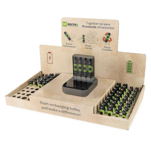 Stojan GP ReCyko Standard / 1×nabíjačka GP + dok / 16×AA + 16×AAA / 1×USB-A adaptér