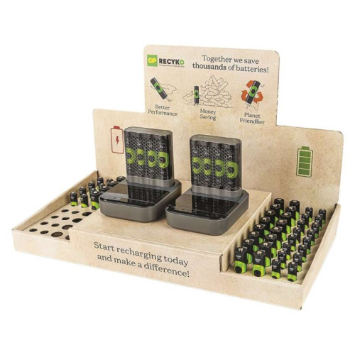 Stojan GP ReCyko Premium / 2×nabíjačka GP + dok / 26×AA + 16×AAA / 2×USB-A adaptér