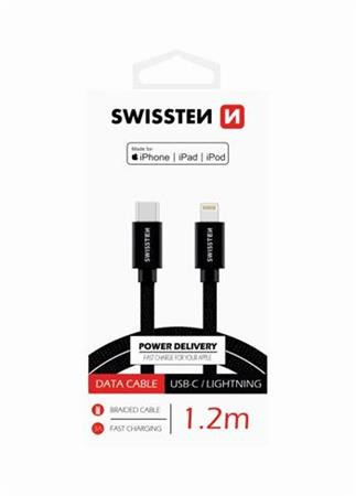 SWISSTEN DATOVÝ KABEL TEXTILE USB-C / LIGHTNING MFi 1,2 M ČERNÝ