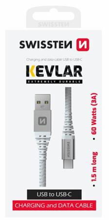 SWISSTEN DATOVÝ KABEL KEVLAR USB / USB-C 1,5 M BÍLÝ